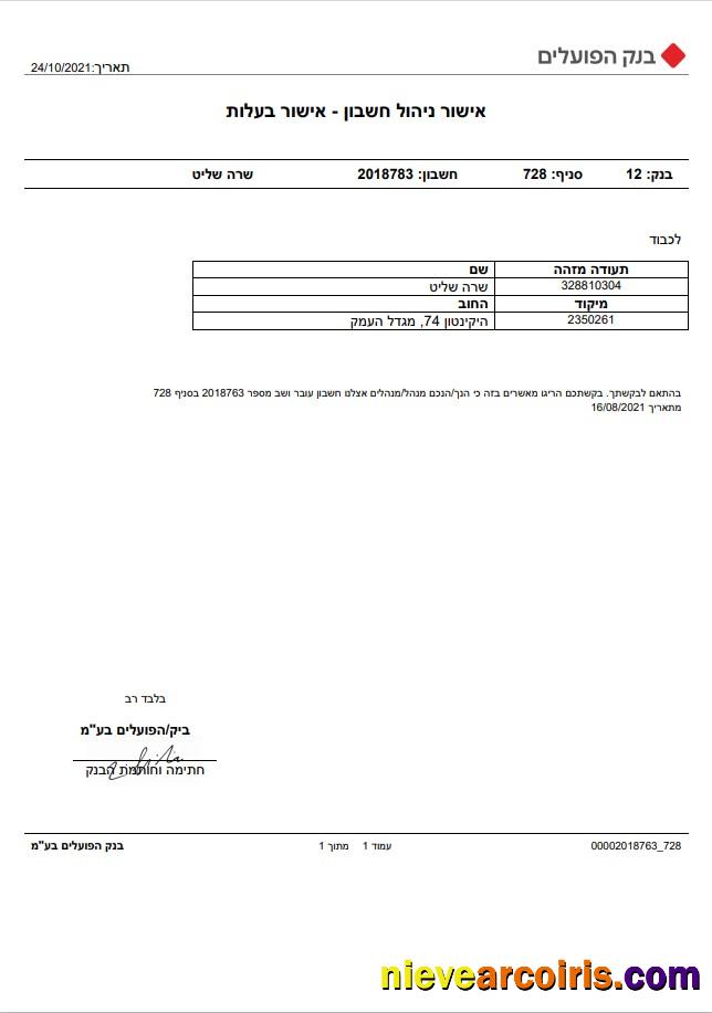 Israel Bank of Hapoalim account management – ownership certificate